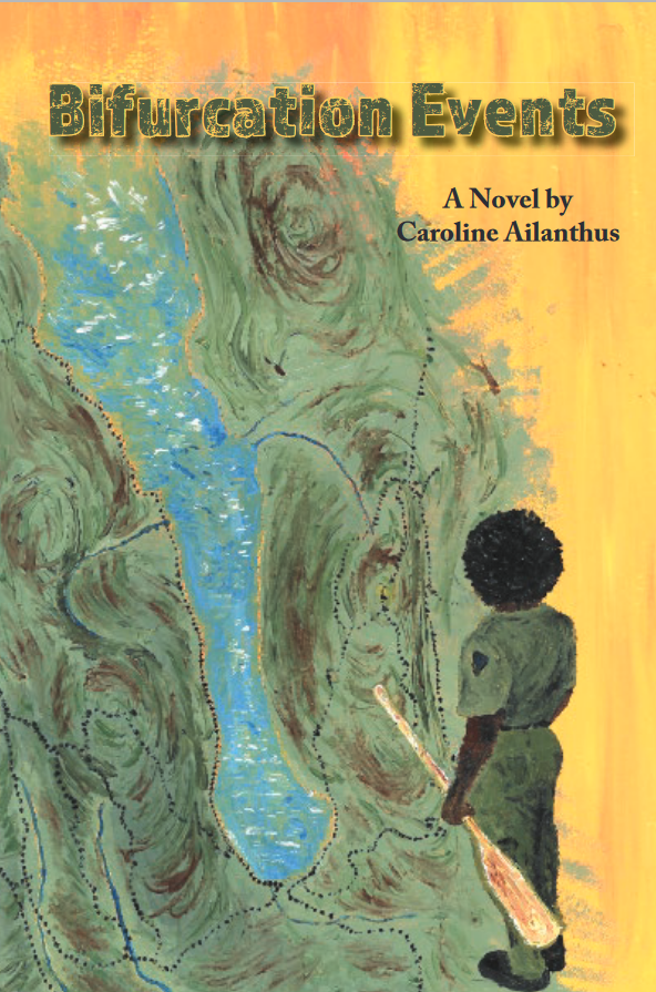 The cover image of my upcoming book, Bifurcation events. The image features a map of the southern part of Long Pond and surrounding hills showing the locations of hiking trails and hilltops. The map partially covers an otherwise orange background. In front of the map is a human figure in green and gray seen from behind. She has brown skin and a black Afro and is holding a canoe paddle in her left hand. At the top of the image is the book's title in bold, mottled lettering and my name.