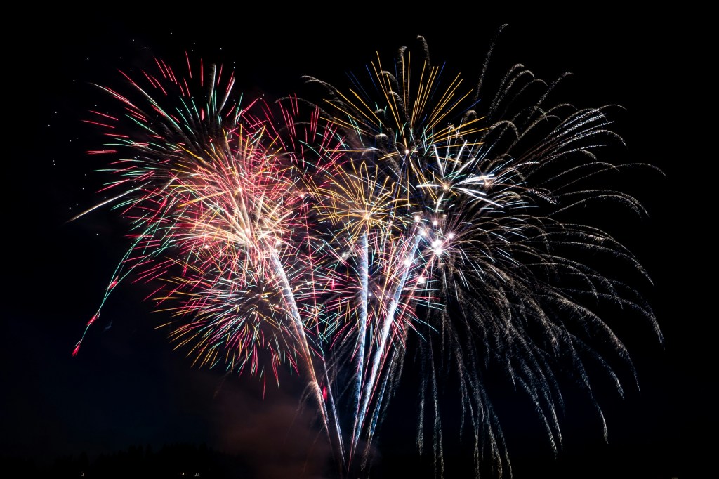 A photo of fireworks of various colors against a plain black background.